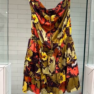 Strapless satin dress with ruffle bottom